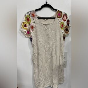 Umgee Cream Midi Dress with Multicolor Crochet Sleeves